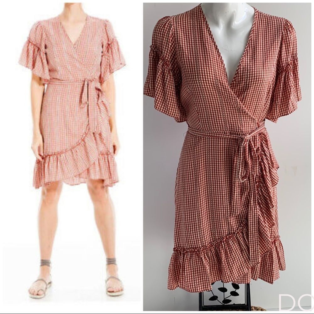 MAX STUDIO Short Sleeve Red/ Cream Gingham Ruffle Wrap Dress Size M
